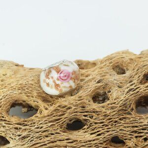 White, Gold, and Pink Floral European Glass Charm Bead with Silver Core Center